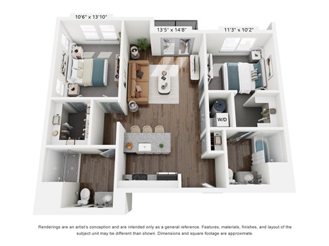 Floor plan for 2 beds, 2 baths, 1058 sqft